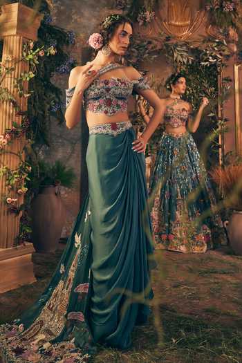Label Ankush Jain Teal Blue Story Telling Blouse Skirt Set 