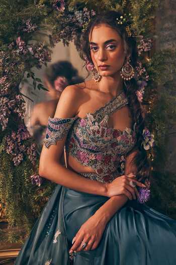 Buy Label Ankush Jain Green Organza, Satin Teal Blue Story Telling Blouse Skirt Set Online at Aza Fashions Buy_Label Ankush Jain_Green Organza, Satin Teal Blue Story Telling Blouse Skirt Set _Online_at_Aza_Fashions
