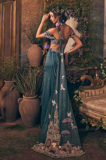 Label Ankush Jain Teal Blue Story Telling Blouse Skirt Set 
