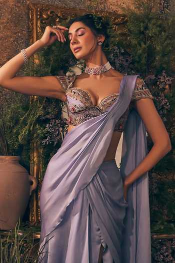 Label Ankush Jain_Blue Organza, Satin Embroidery Powder Lilac Draped Saree Set _Online_at_Aza_Fashions