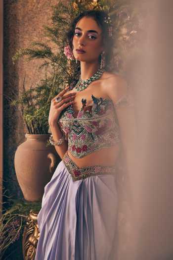 Label Ankush Jain_Sky Blue Organza, Satin, Net Embroidery, Sequins, Powder Lilac Draped Skirt Set _Online_at_Aza_Fashions