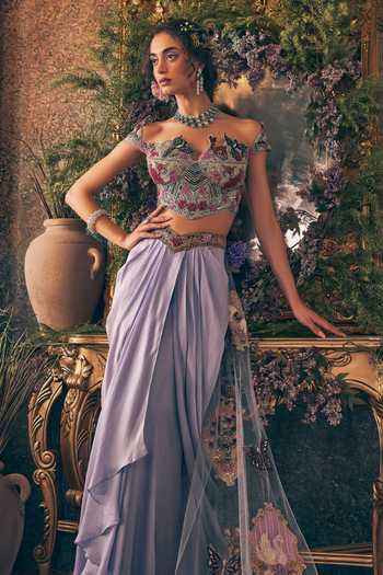 Label Ankush Jain Powder Blue Lilac Draped Skirt Set 