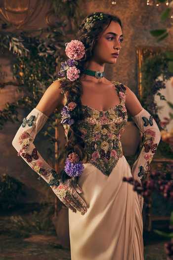 Label Ankush Jain Off White Organza, Satin Embroidery, Fabric Floral Long Corset Blouse Skirt Set Online at Aza Fashions Label Ankush Jain_Off White Organza, Satin Embroidery, Fabric Floral Long Corset Blouse Skirt Set _Online_at_Aza_Fashions
