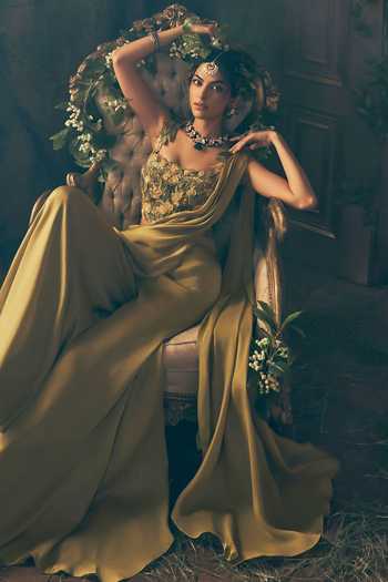 Label Ankush Jain_Olive Green Organza, Satin Embroidery, Fabric Flowers Draped Pant Saree Set _Online_at_Aza_Fashions