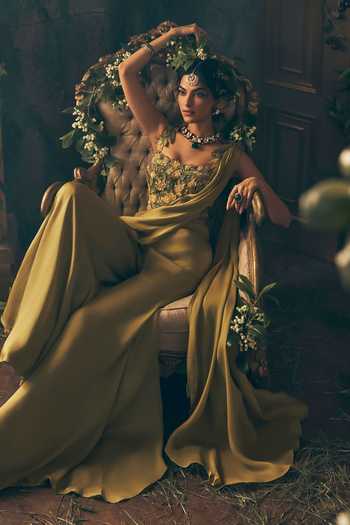 Buy_Label Ankush Jain_Olive Green Organza, Satin Embroidery, Fabric Flowers Draped Pant Saree Set _Online_at_Aza_Fashions