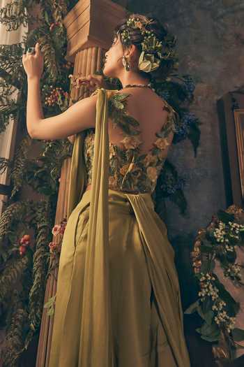 Label Ankush Jain Olive Draped Pant Saree Set 