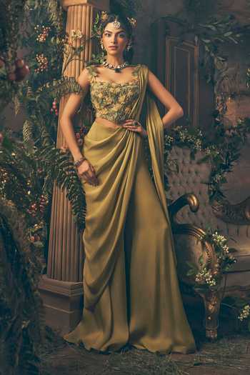Label Ankush Jain Olive Draped Pant Saree Set 