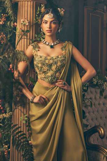 Shop_Label Ankush Jain_Olive Green Organza, Satin Embroidery, Fabric Flowers Draped Pant Saree Set _Online_at_Aza_Fashions