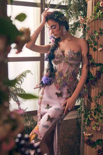 Label Ankush Jain Purple Organza Sweetheart Neck Lilac Structured Blouse And Skirt Set Online at Aza Fashions Label Ankush Jain_Purple Organza Sweetheart Neck Lilac Structured Blouse And Skirt Set _Online_at_Aza_Fashions