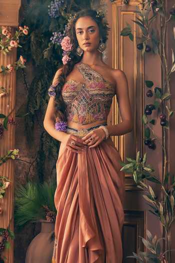 Label Ankush Jain Pink Organza, Satin One Shoulder Story Telling Embroidered Blouse Skirt Set Online at Aza Fashions Label Ankush Jain_Pink Organza, Satin One Shoulder Story Telling Embroidered Blouse Skirt Set _Online_at_Aza_Fashions