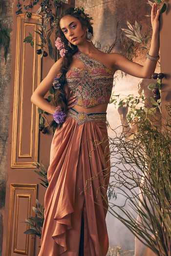 Buy Label Ankush Jain Pink Organza, Satin One Shoulder Story Telling Embroidered Blouse Skirt Set Online at Aza Fashions Buy_Label Ankush Jain_Pink Organza, Satin One Shoulder Story Telling Embroidered Blouse Skirt Set _Online_at_Aza_Fashions