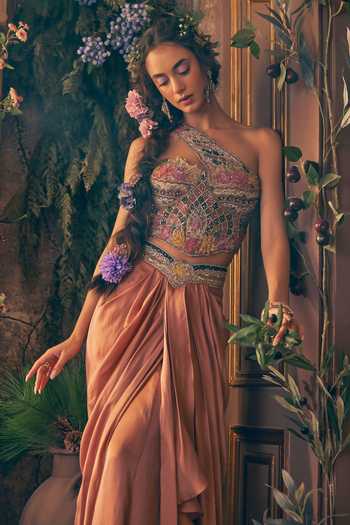 Shop Label Ankush Jain Pink Organza, Satin One Shoulder Story Telling Embroidered Blouse Skirt Set Online at Aza Fashions Shop_Label Ankush Jain_Pink Organza, Satin One Shoulder Story Telling Embroidered Blouse Skirt Set _Online_at_Aza_Fashions