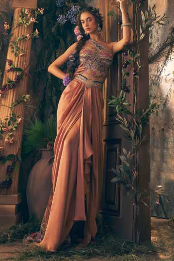 Label Ankush Jain Pink Organza, Satin One Shoulder Story Telling Embroidered Blouse Skirt Set at Aza Fashions Label Ankush Jain_Pink Organza, Satin One Shoulder Story Telling Embroidered Blouse Skirt Set _at_Aza_Fashions