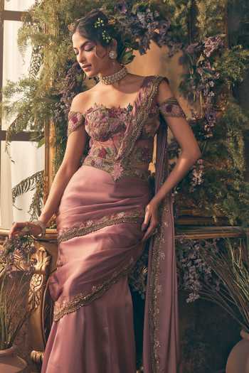 Buy Label Ankush Jain Purple Organza, Satin Off-shoulder Off Blouse And Draped Saree Set Online at Aza Fashions Buy_Label Ankush Jain_Purple Organza, Satin Off-shoulder Off Blouse And Draped Saree Set _Online_at_Aza_Fashions