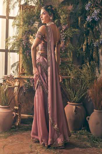 Label Ankush Jain Off Shoulder Blouse & Draped Saree Set 