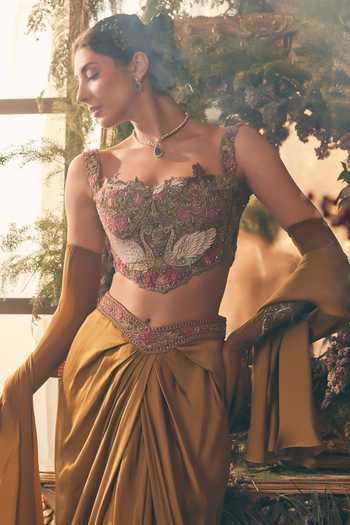 Label Ankush Jain Yellow Organza, Satin Sweetheart Neck Embroidered Skirt Set Online at Aza Fashions Label Ankush Jain_Yellow Organza, Satin Sweetheart Neck Embroidered Skirt Set _Online_at_Aza_Fashions