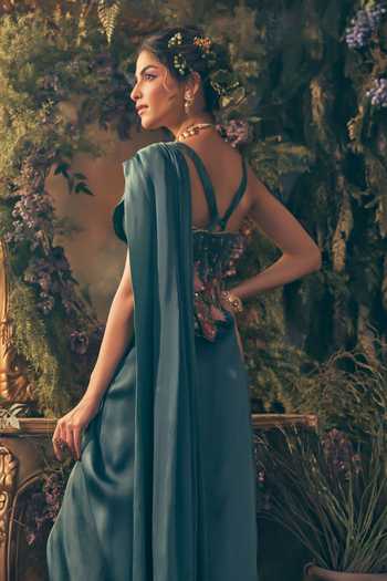 Shop Label Ankush Jain Blue Organza, Satin Sweetheart Neck Teal Draped Saree Set at Aza Fashions Shop_Label Ankush Jain_Blue Organza, Satin Sweetheart Neck Teal Draped Saree Set _at_Aza_Fashions