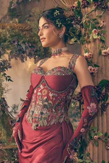 Label Ankush Jain_Maroon Organza, Satin Embroidery, Beads Sweetheart Neck Corset Belt Gown _Online_at_Aza_Fashions