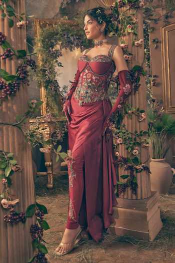 Label Ankush Jain Maroon Corset Belt Gown 