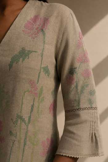 Buy Kaveri Beige Linen V-neck Criss Cross Lane Tree Floral Motif Top And Pant Set Online at Aza Fashions Buy_Kaveri_Beige Linen V-neck Criss Cross Lane Tree Floral Motif Top And Pant Set _Online_at_Aza_Fashions