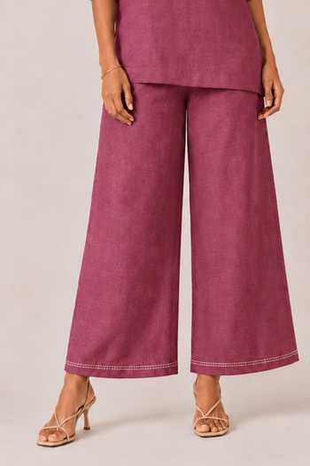 Kaveri Pink Linen Boat Neck Drops Of Gold Roomal Floral Print Top With Pant Online at Aza Fashions Kaveri_Pink Linen Boat Neck Drops Of Gold Roomal Floral Print Top With Pant _Online_at_Aza_Fashions
