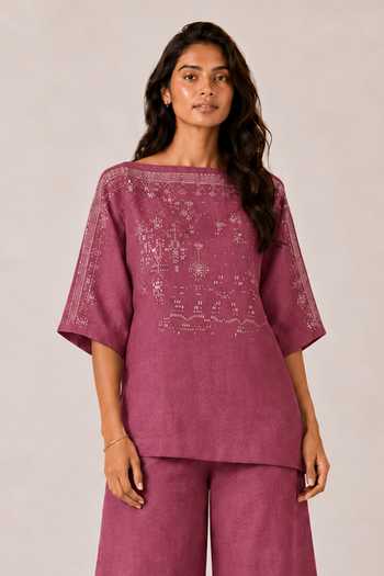 Buy Kaveri Pink Linen Boat Neck Drops Of Gold Roomal Floral Print Top With Pant Online at Aza Fashions Buy_Kaveri_Pink Linen Boat Neck Drops Of Gold Roomal Floral Print Top With Pant _Online_at_Aza_Fashions