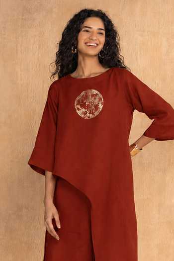 Kaveri Orange Linen Round Neck Luna High Low Top And Pant Set Online at Aza Fashions Kaveri_Orange Linen Round Neck Luna High Low Top And Pant Set _Online_at_Aza_Fashions