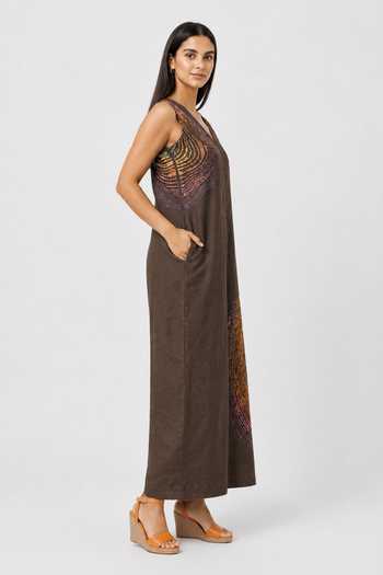 Kaveri Brown Linen V-neck Resonance Stephanie Printed Jumpsuit Online at Aza Fashions Kaveri_Brown Linen V-neck Resonance Stephanie Printed Jumpsuit _Online_at_Aza_Fashions