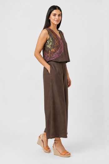 Kaveri Brown Linen V-neck Resonance Bliss Printed Top And Pant Set Online at Aza Fashions Kaveri_Brown Linen V-neck Resonance Bliss Printed Top And Pant Set _Online_at_Aza_Fashions
