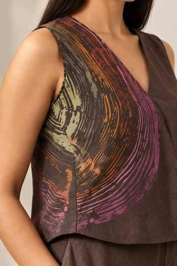 Buy Kaveri Brown Linen V-neck Resonance Bliss Printed Top And Pant Set Online at Aza Fashions Buy_Kaveri_Brown Linen V-neck Resonance Bliss Printed Top And Pant Set _Online_at_Aza_Fashions