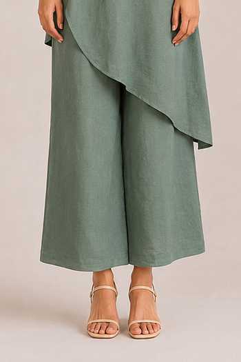 Kaveri Green Linen Collared Neck Rhinestone Opus Embellished Top And Pant Set Online at Aza Fashions Kaveri_Green Linen Collared Neck Rhinestone Opus Embellished Top And Pant Set _Online_at_Aza_Fashions