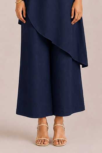 Kaveri Blue Linen Button-down Neck Rhinestone Opus Embellished Top And Pant Set Online at Aza Fashions Kaveri_Blue Linen Button-down Neck Rhinestone Opus Embellished Top And Pant Set _Online_at_Aza_Fashions