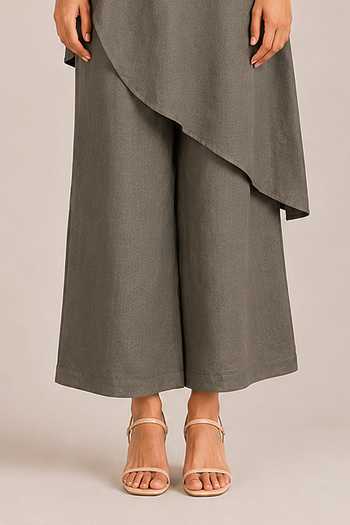 Kaveri_Grey Linen Collared Neck Rhinestone Opus Pant Set _Online_at_Aza_Fashions