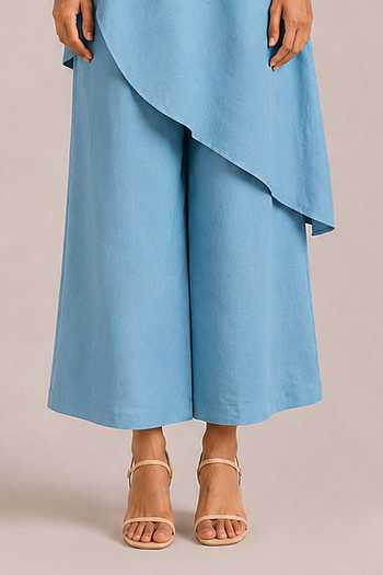 Kaveri Blue Linen Collared Neck, Button-down Rhinestone Opus Asymmetric Top And Pant Set Online at Aza Fashions Kaveri_Blue Linen Collared Neck, Button-down Rhinestone Opus Asymmetric Top And Pant Set _Online_at_Aza_Fashions
