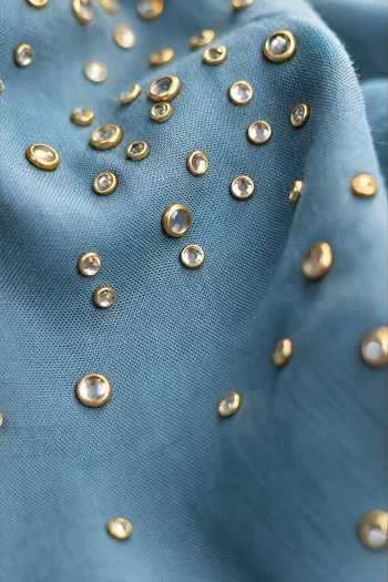 Buy Kaveri Blue Linen Collared Neck, Button-down Rhinestone Opus Asymmetric Top And Pant Set Online at Aza Fashions Buy_Kaveri_Blue Linen Collared Neck, Button-down Rhinestone Opus Asymmetric Top And Pant Set _Online_at_Aza_Fashions