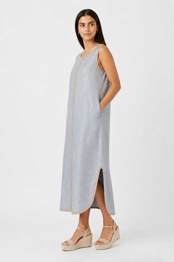 Kaveri Blue Linen Boat Neck Sunlit Tiles Roots Dress Online at Aza Fashions Kaveri_Blue Linen Boat Neck Sunlit Tiles Roots Dress _Online_at_Aza_Fashions