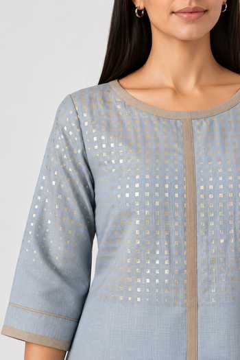 Kaveri_Blue Linen Round Neck, Yes Sunlit Tiles Pattern Kurta And Pant Set _Online_at_Aza_Fashions