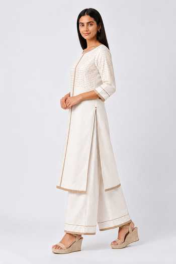 Kaveri_White Linen Round Neck Sunlit Tiles Pattern Kurta And Pant Set _Online_at_Aza_Fashions