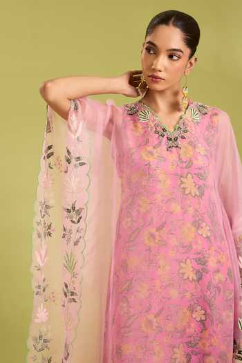Ewoke Pink Organza, Crepe V-neck Embroidered Kaftan Set Online at Aza Fashions Ewoke_Pink Organza, Crepe V-neck Embroidered Kaftan Set _Online_at_Aza_Fashions