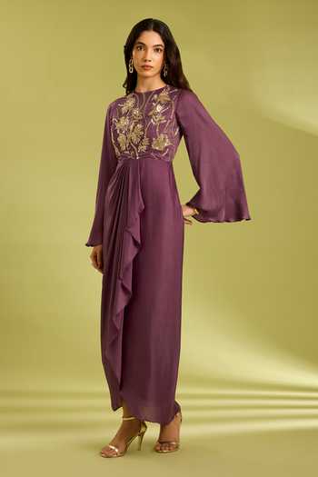 Ewoke Purple Georgette, Satin Sequins, Beads, Crystals Round Embroidered Draped Gown Online at Aza Fashions Ewoke_Purple Georgette, Satin Sequins, Beads, Crystals Round Embroidered Draped Gown _Online_at_Aza_Fashions