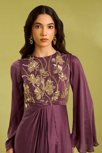 Buy Ewoke Purple Georgette, Satin Sequins, Beads, Crystals Round Embroidered Draped Gown Online at Aza Fashions Buy_Ewoke_Purple Georgette, Satin Sequins, Beads, Crystals Round Embroidered Draped Gown _Online_at_Aza_Fashions