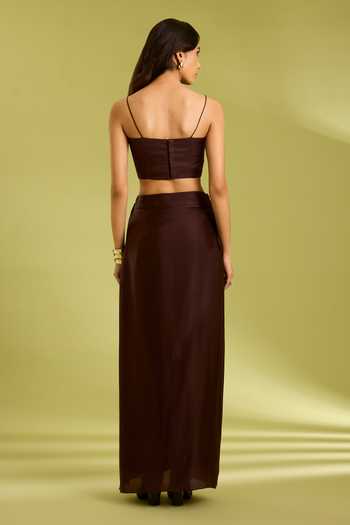 Buy_Ewoke_Brown Georgette, Satin Round , Bandeau Embroidered Jacket Skirt Set _Online_at_Aza_Fashions