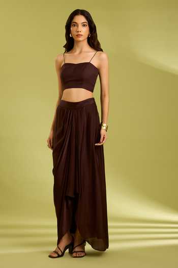 Shop_Ewoke_Brown Georgette, Satin Round , Bandeau Embroidered Jacket Skirt Set _Online_at_Aza_Fashions