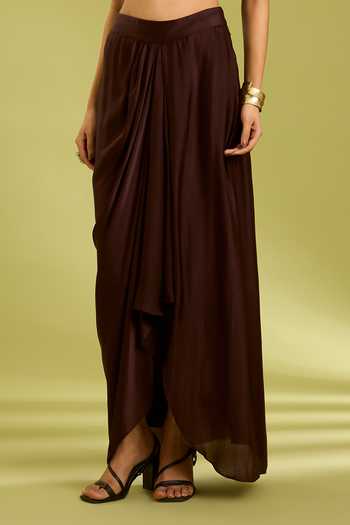 Ewoke_Brown Georgette, Satin Round , Bandeau Embroidered Jacket Skirt Set _at_Aza_Fashions