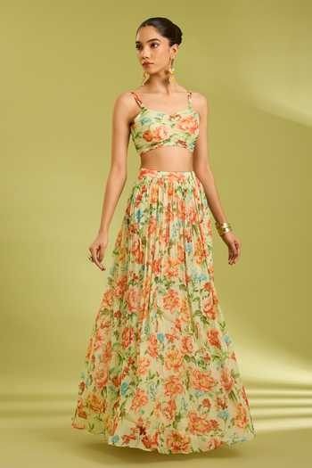 Buy Ewoke Green Chiffon Open , Sweetheart Embroidered Cape Lehenga Set Online at Aza Fashions Buy_Ewoke_Green Chiffon Open , Sweetheart Embroidered Cape Lehenga Set _Online_at_Aza_Fashions