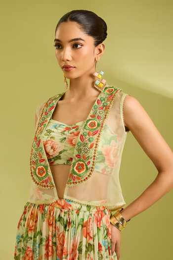 Shop Ewoke Green Chiffon Open , Sweetheart Embroidered Cape Lehenga Set Online at Aza Fashions Shop_Ewoke_Green Chiffon Open , Sweetheart Embroidered Cape Lehenga Set _Online_at_Aza_Fashions