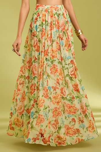 Ewoke Green Chiffon Open , Sweetheart Embroidered Cape Lehenga Set at Aza Fashions Ewoke_Green Chiffon Open , Sweetheart Embroidered Cape Lehenga Set _at_Aza_Fashions