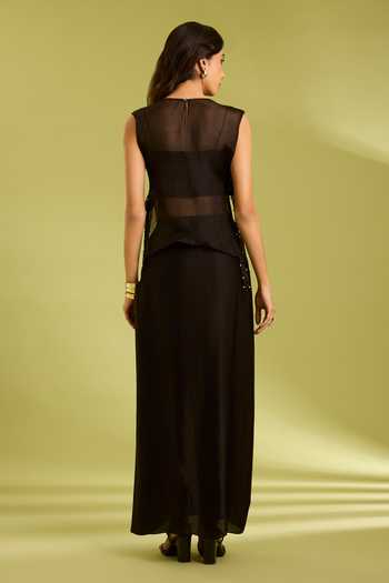 Ewoke_Black Georgette, Satin Round , Sweetheart Embroidered Jacket Skirt Set _Online_at_Aza_Fashions