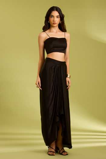 Buy_Ewoke_Black Georgette, Satin Round , Sweetheart Embroidered Jacket Skirt Set _Online_at_Aza_Fashions