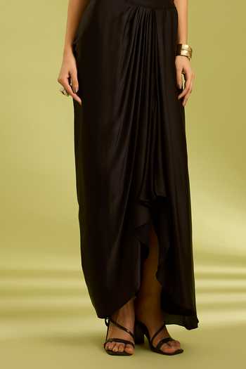 Shop_Ewoke_Black Georgette, Satin Round , Sweetheart Embroidered Jacket Skirt Set _Online_at_Aza_Fashions